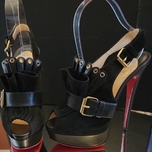 Christian Louboutin Black Jem, Leather And Suede Peep-Toe Heels